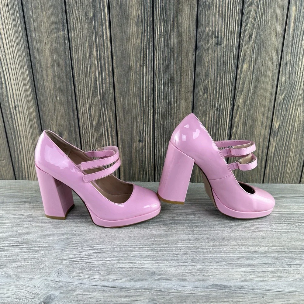 Steve Madden Womens 7.5 Pink Patent Mary Jane Platform Block Heel Pumps